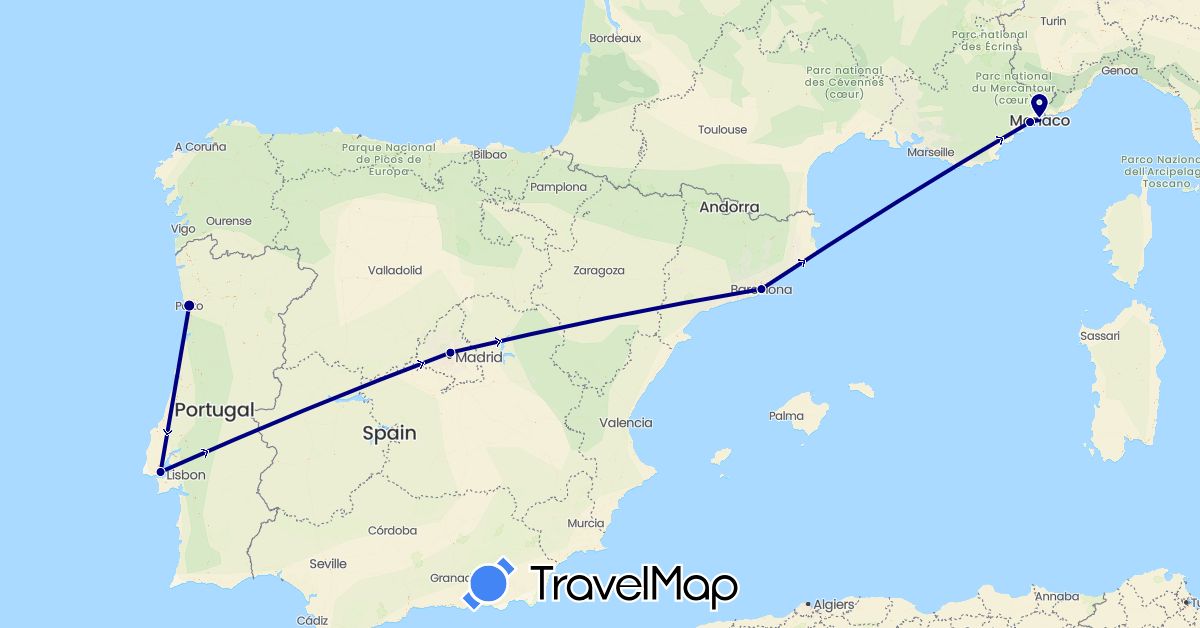 TravelMap itinerary: driving in Spain, France, Monaco, Portugal (Europe)